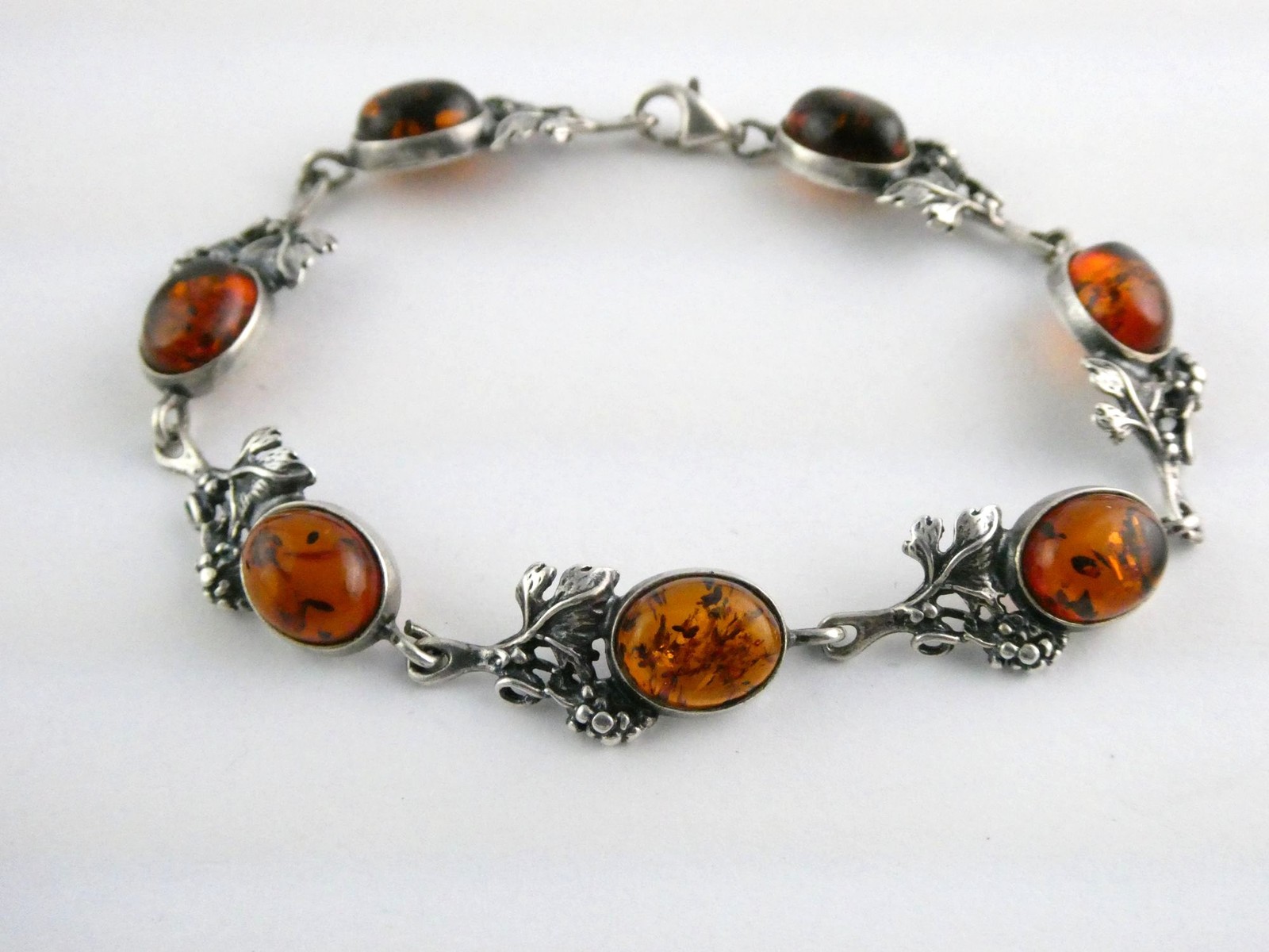Vintage Sterling Silver Amber Cabochon Grape Vine Link Bracelet 925 7.25In 10.6g