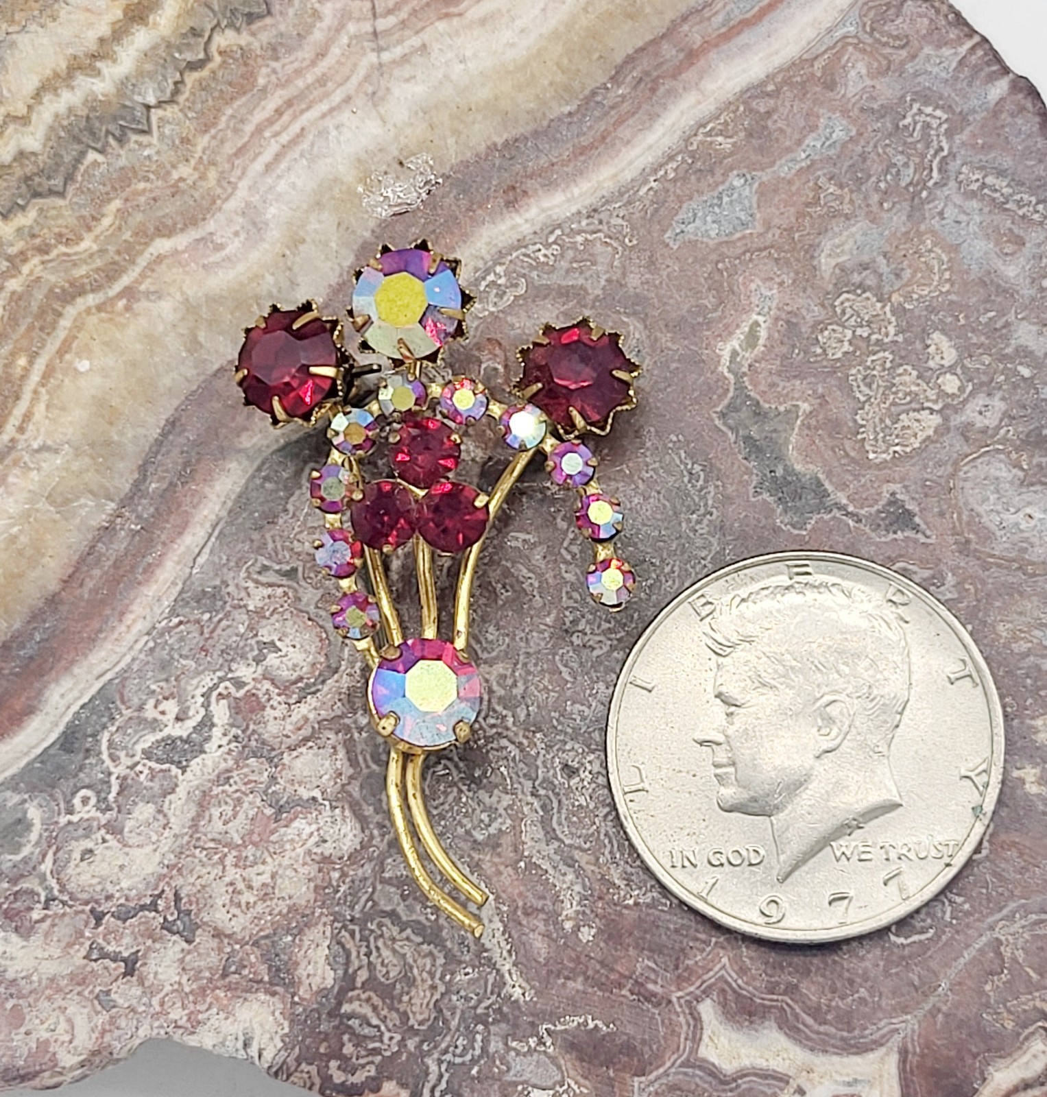 Vintage 2″ crystal pin, red and red iridescent stones