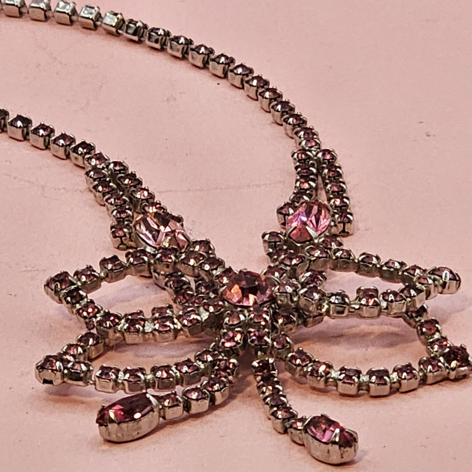 Vintage Pink Rhinestone Necklace Bow Statement Drop Bib Silvertone 1980s Prom