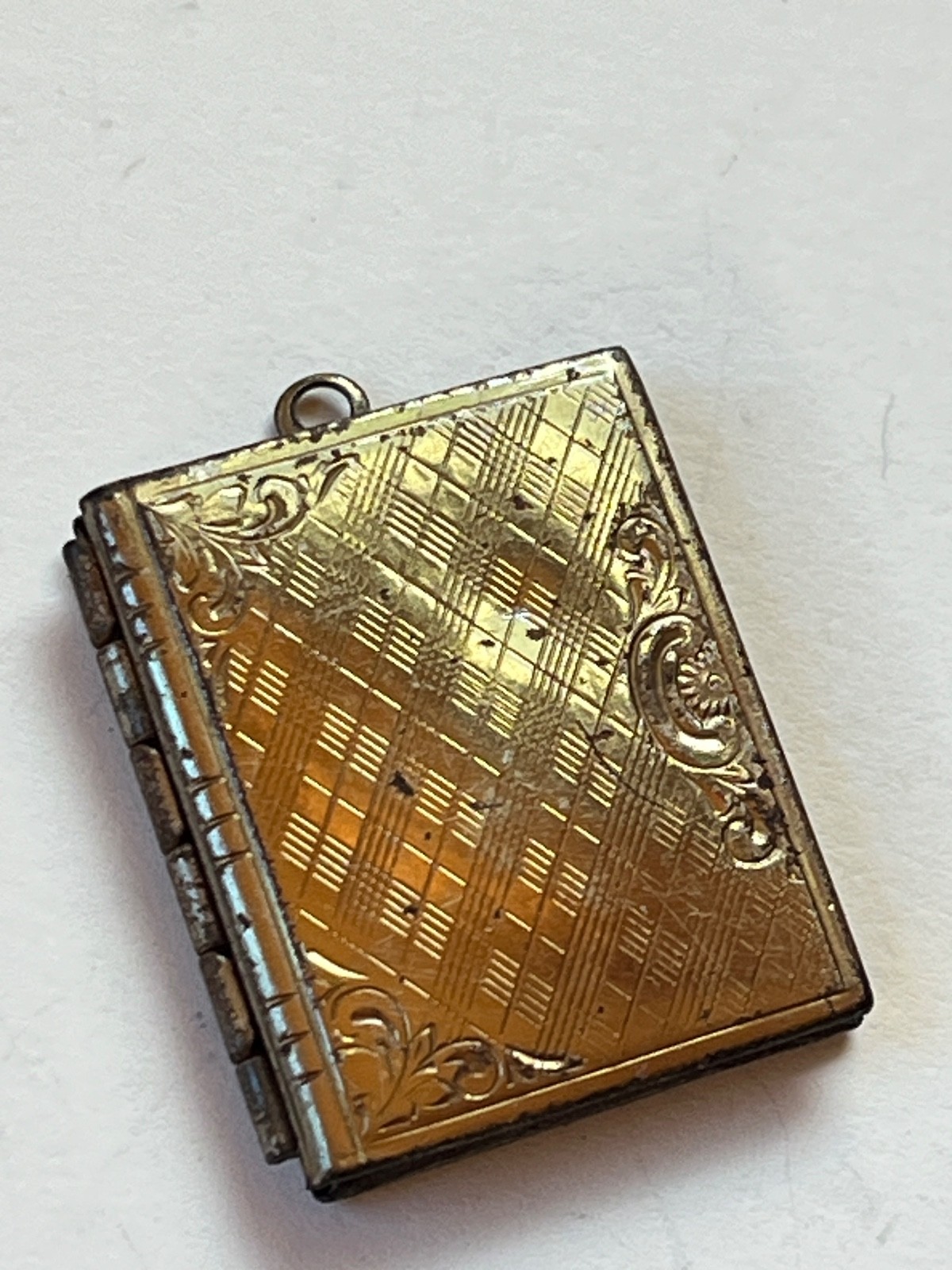 Vintage Etched Goldtone Book Locket Pendant – about 1 x 0.75 inches not includin