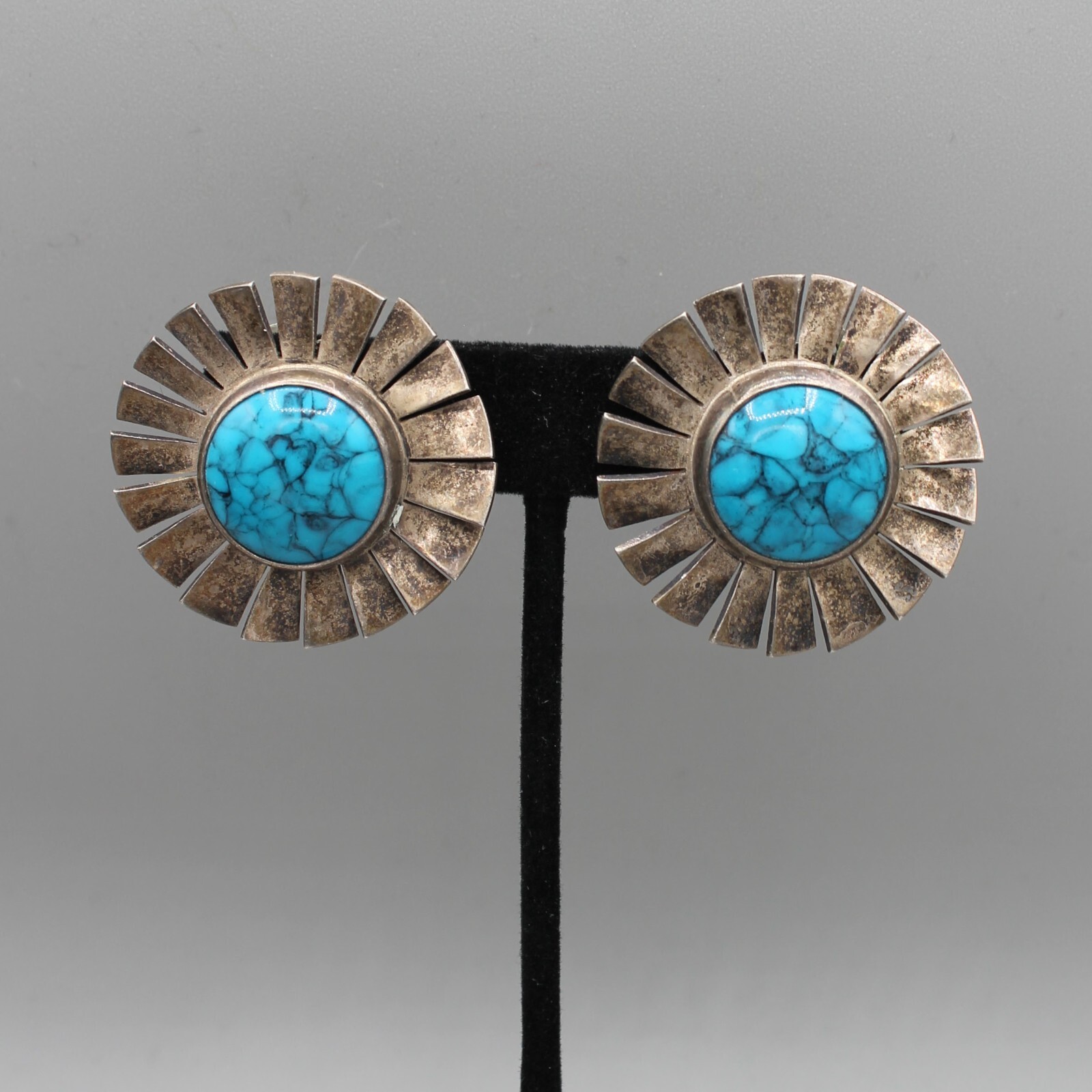 TAXCO 925 Turquoise Earrings Clip-On TL-67 Los Castillo Sunburst Sterling Mexico