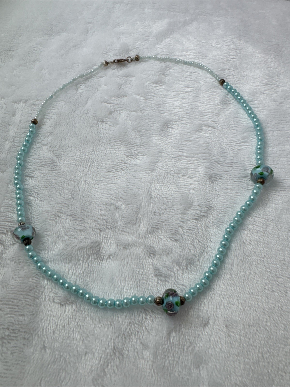 Vintage Light Blue Teal Gold Pearlescent Murano Art Glass Rose Beaded Necklace