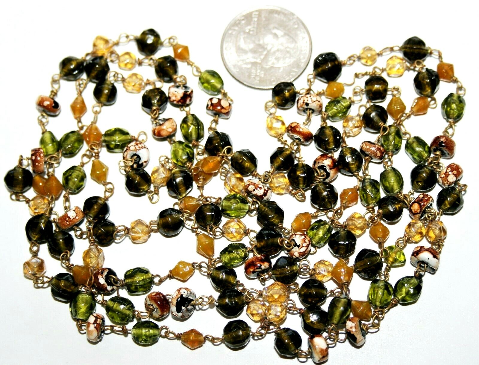 Pretty Antique Earthtones Multi-shape Molded Glass Beads Hand Wired 62″ Necklace