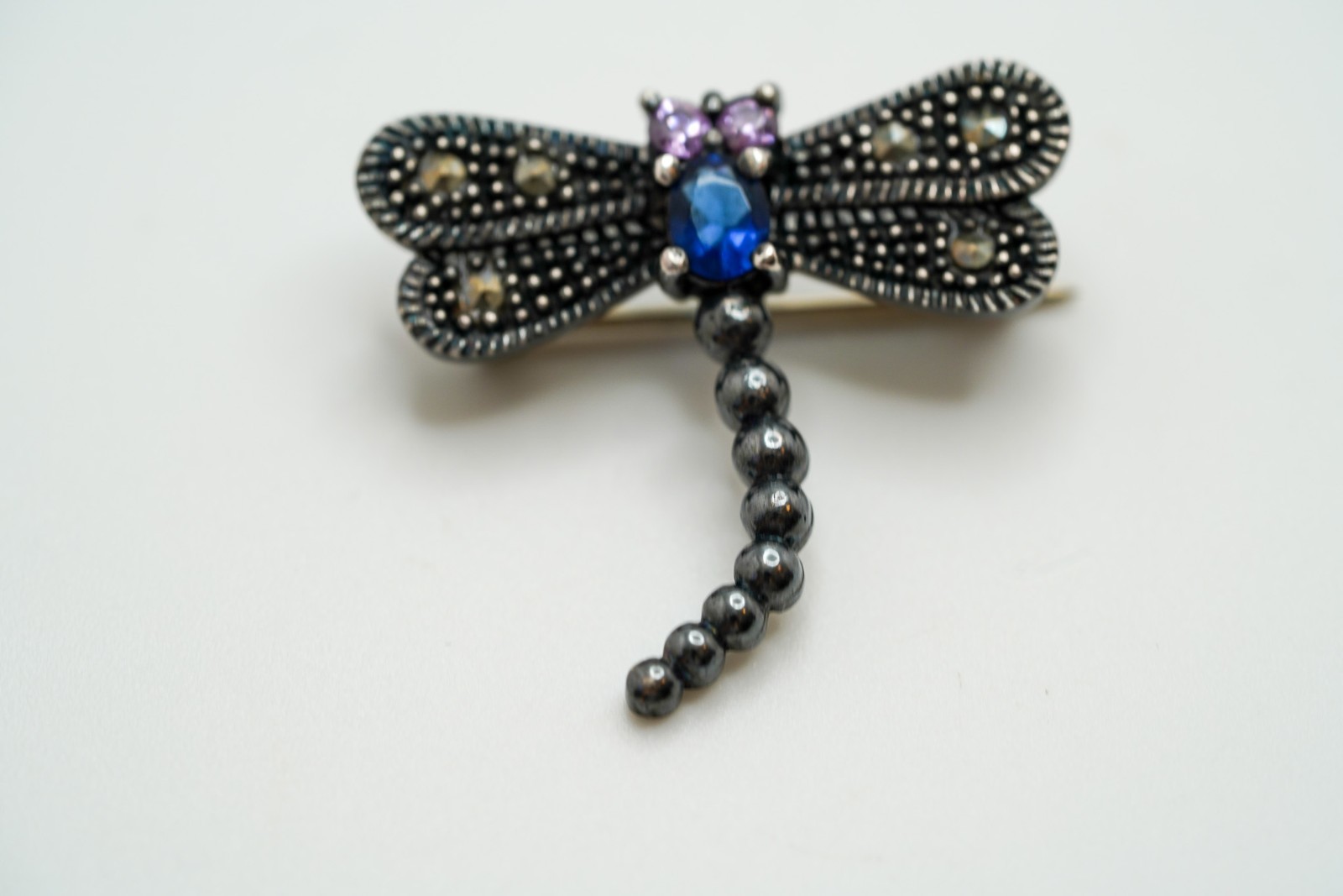 Vintage Blackened Sterling Silver Purple Blue Stone Accent DRAGONFLY Brooch JB35
