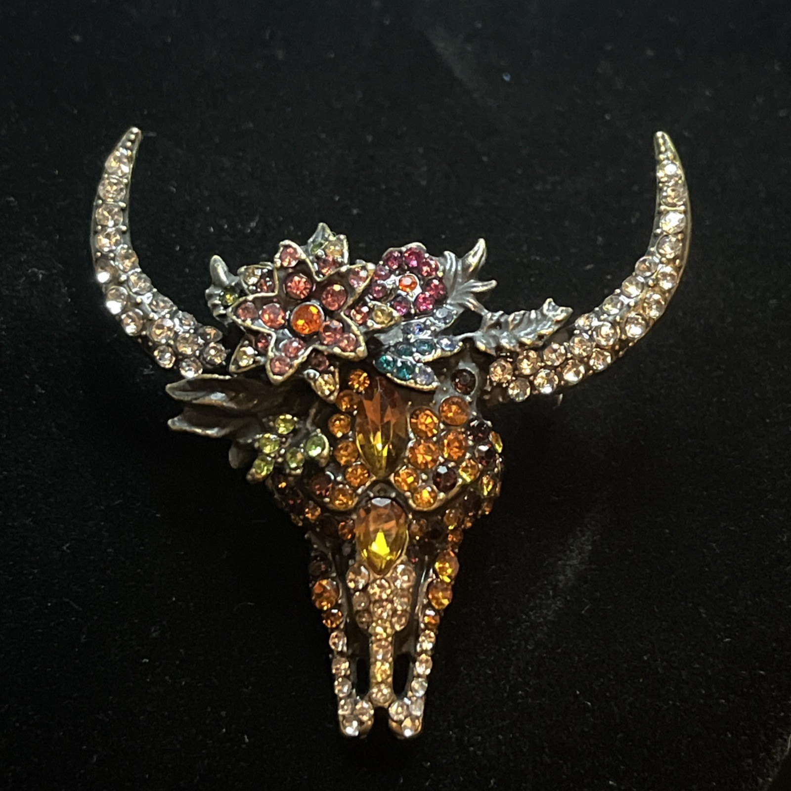 Southwestern Longhorn Floral Rhinestone Brooch Cowgirl Style