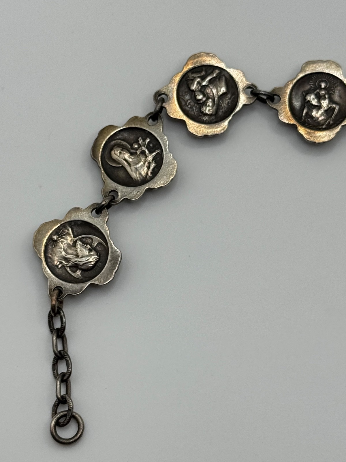 Vintage HVH Sterling Silver Rosary Catholic Saints Rose Panel Link Bracelet