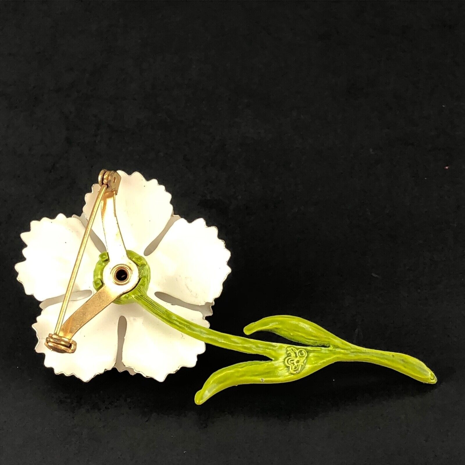 Vintage Signed Brown & White Enamel Flower Brooch