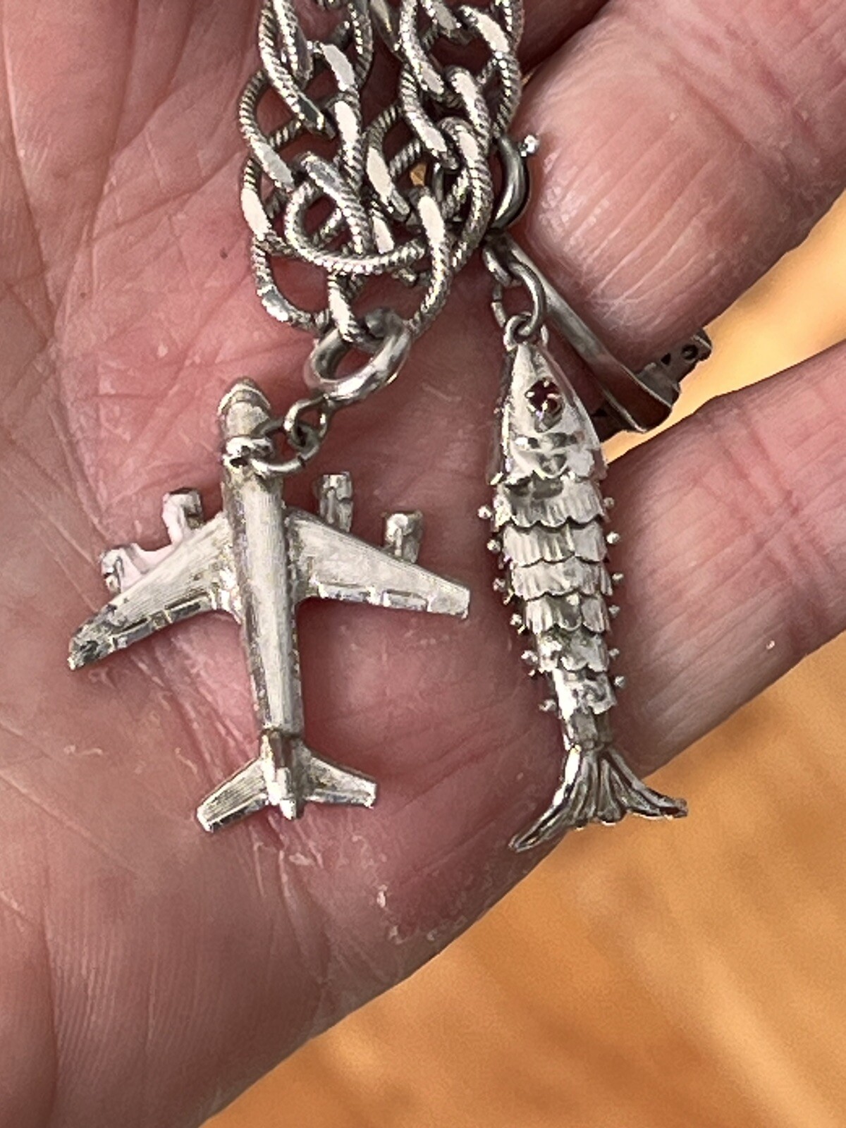 Vintage Silvertone Monet Starter Charm Bracelet Two Charms Airplane Fish 7″