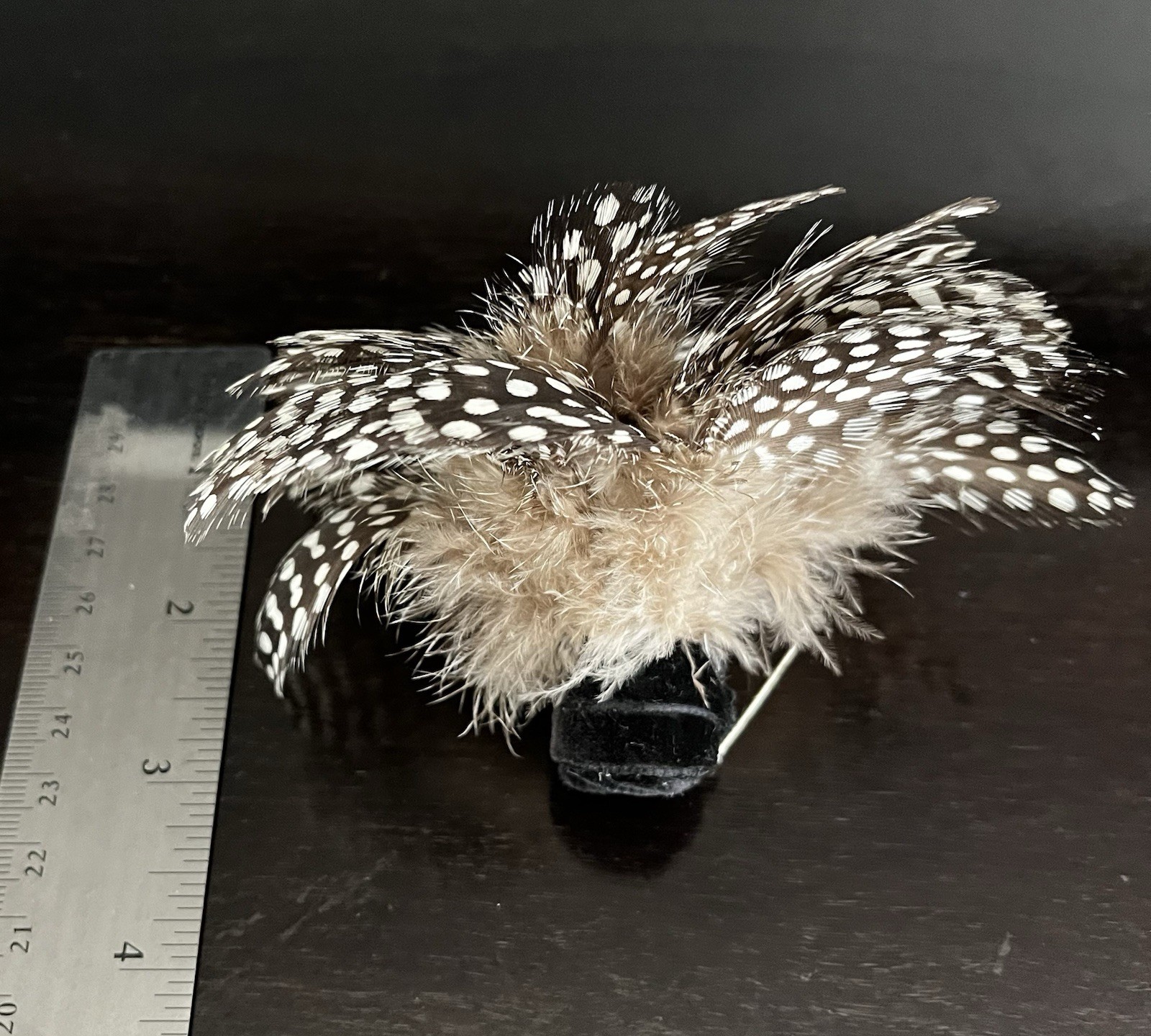 Karin’s Garden Stamped Hens Fowl Black/White Feather & Velvet Flower Brooch