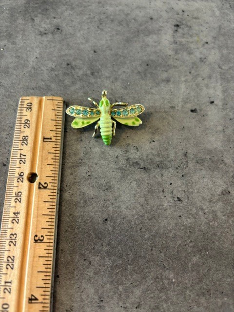 Vintage Green Flying Insect Bug Brooch Gold Tone Rhinestone Pin