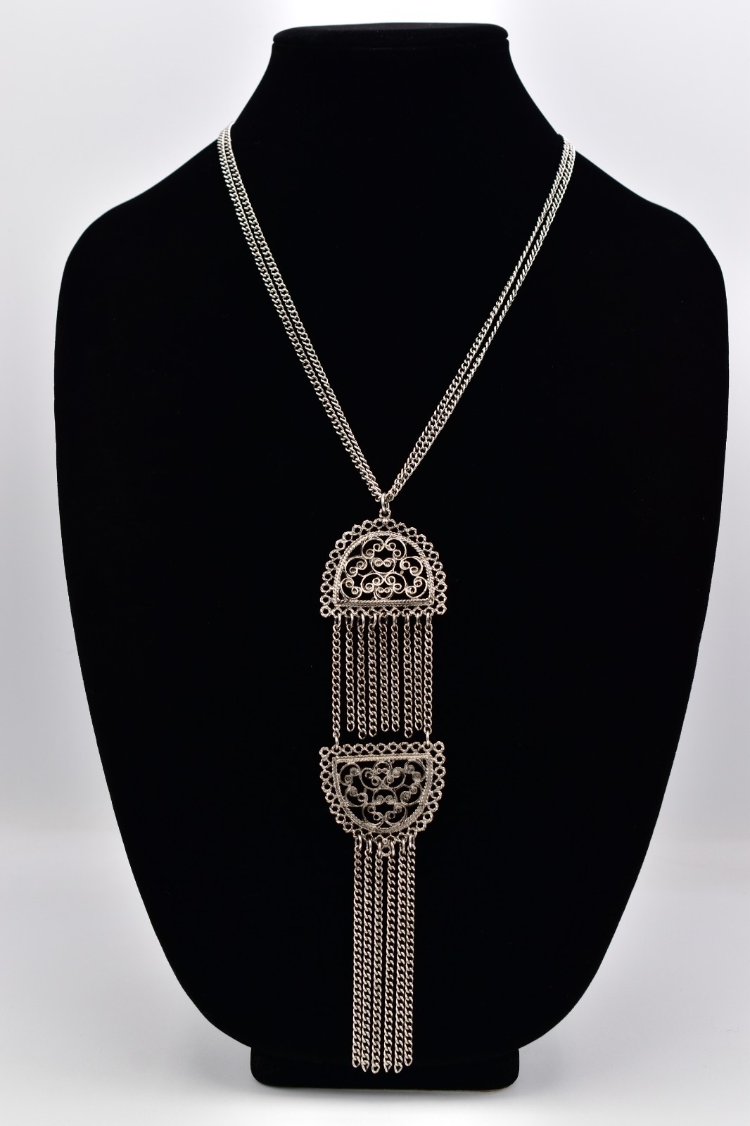 Vintage Silver Filigree Tassel Necklace Long Statement Fringe Chain 1970s Bin3C