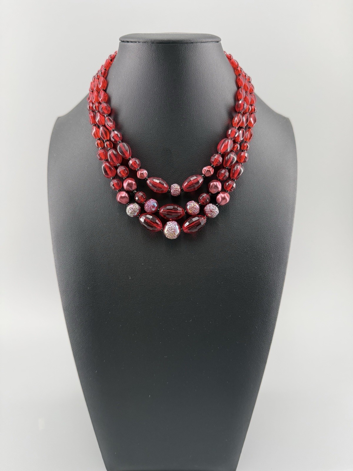 Vintage West Germany Ruby Red Glass Bead 3 Strand Necklace Art Glass Accent