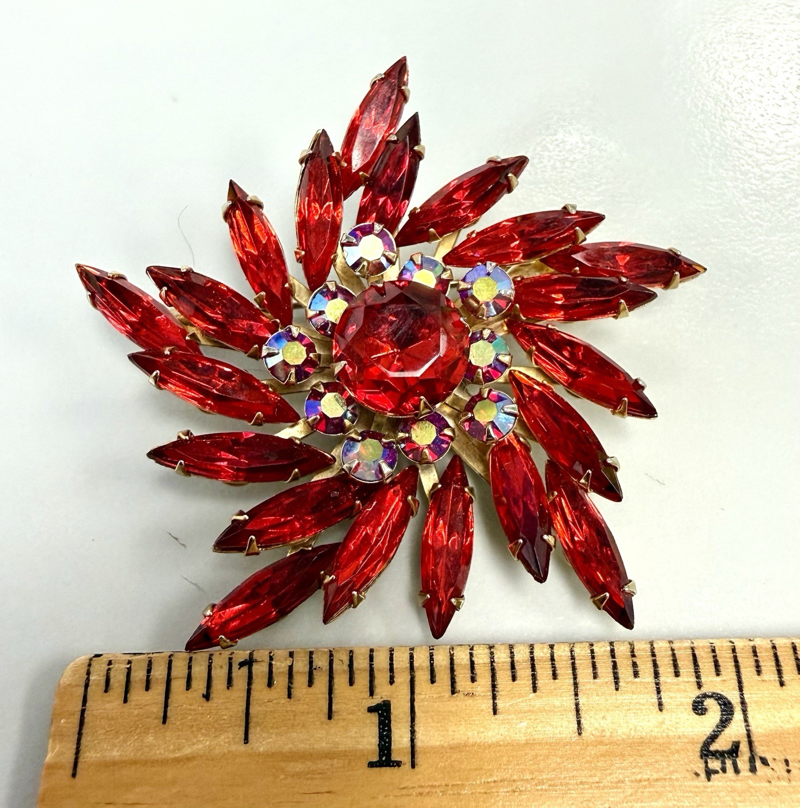 Vintage Juliana Style Red Navette Rhinestone Starburst Brooch AB Gold Tone