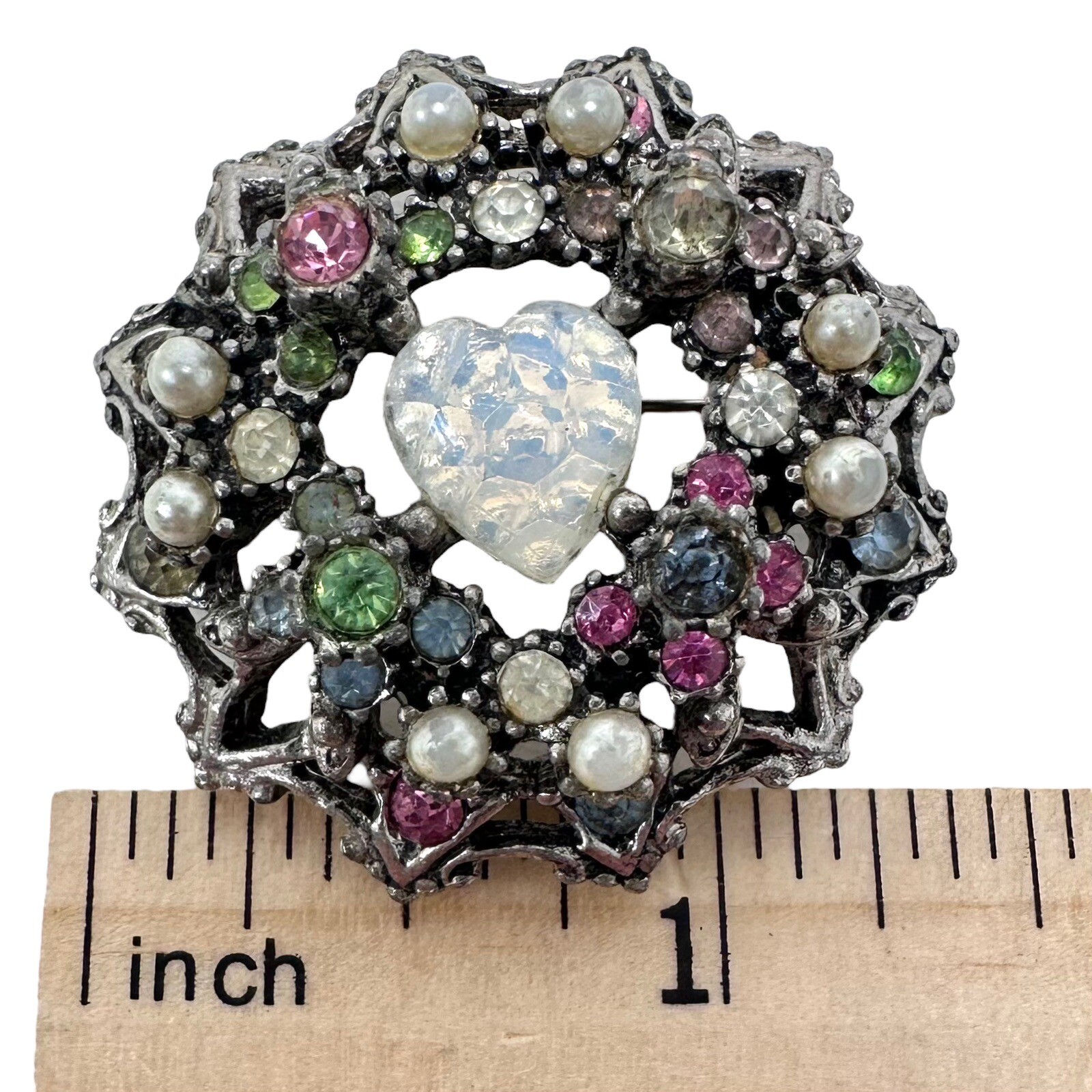 Vintage Silver Tone Multicolor Rhinestone Heart Shaped Opalite Brooch