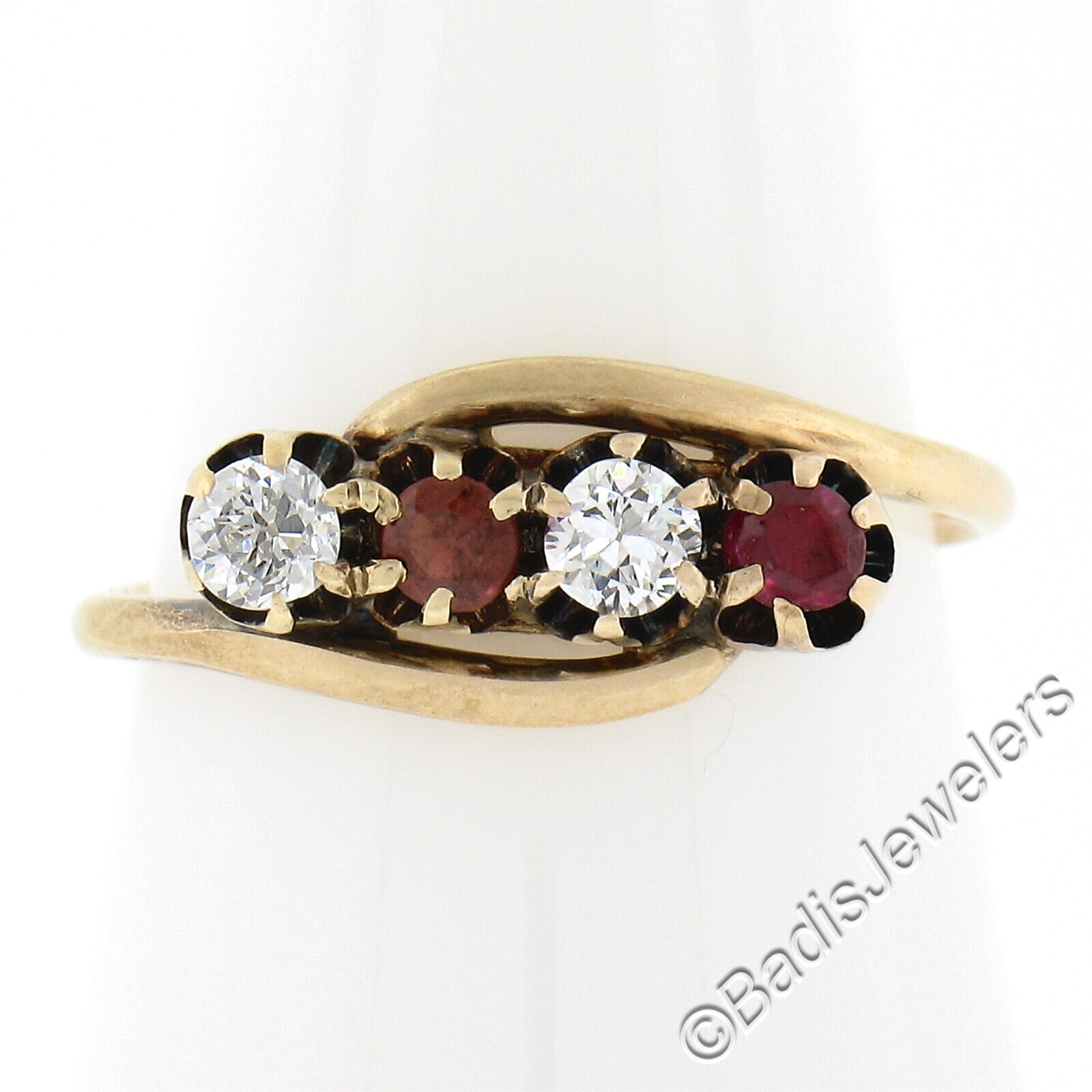 Antique Victorian 14k Gold Buttercup Lab Created Ruby 0.20ctw Diamond Band Ring