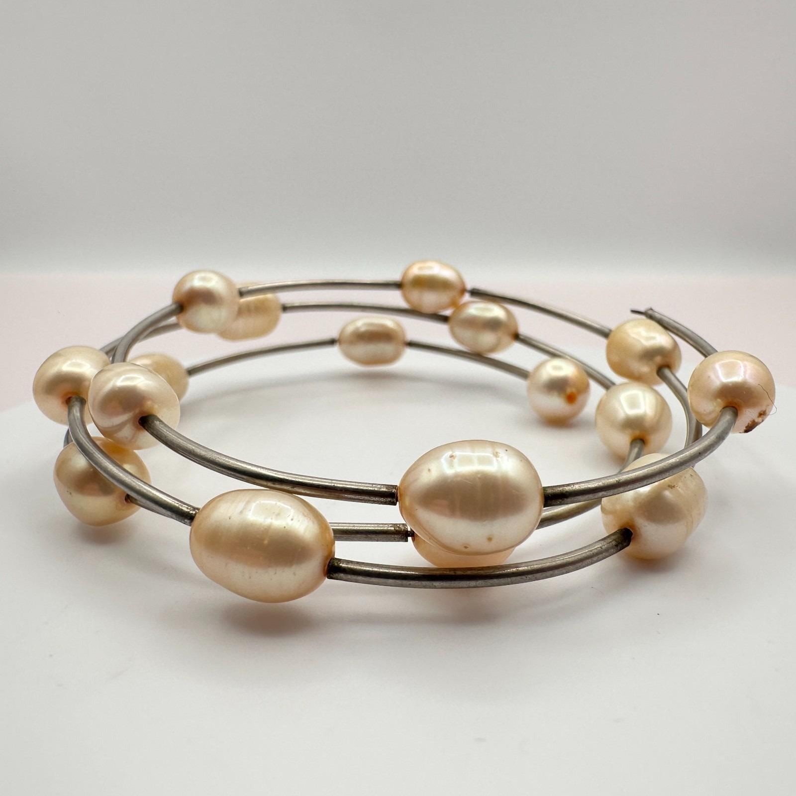 Vintage 90s Multi Strand Pearl Coil Wrap Bracelet Silver Tone Women’s Jewelry