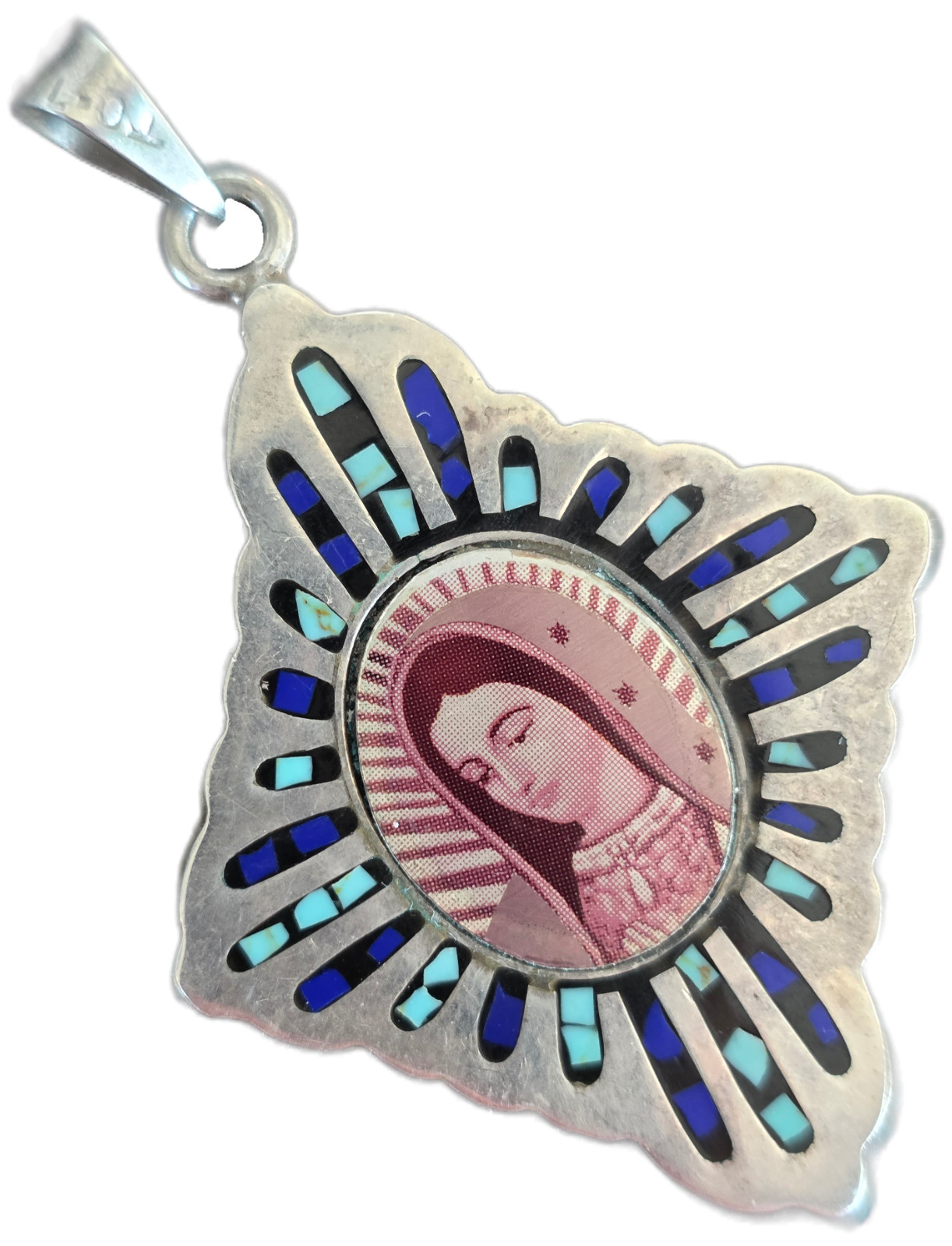 Large Sterling Silver Enamel Virgin Mary Pendant Blue Turquoise Religious Medal