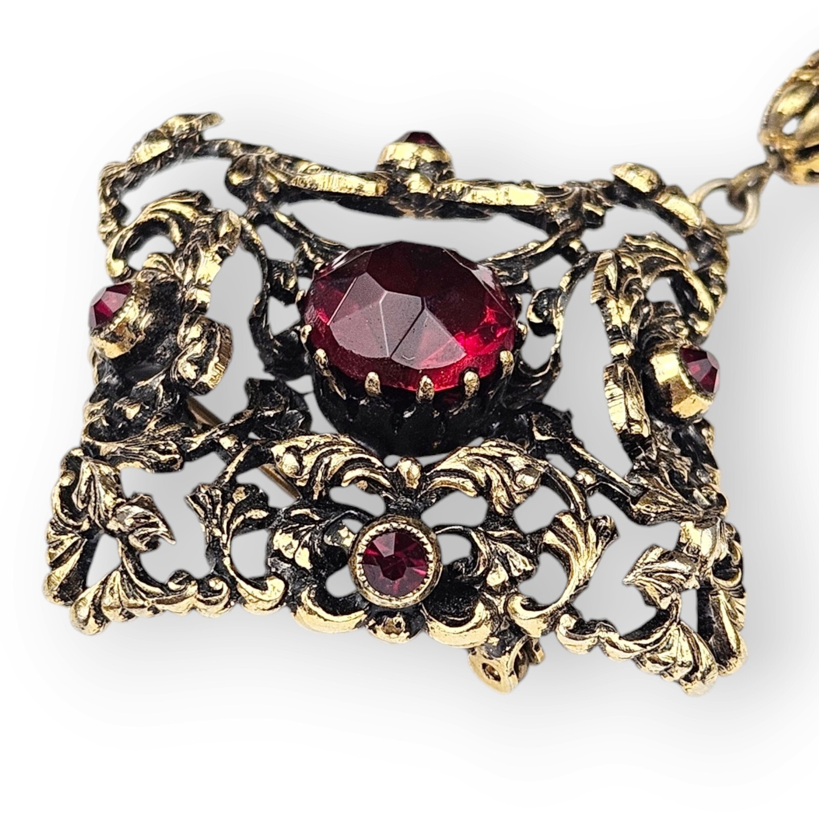 Austria Rhinestone Floral Brooch Vtg Art Nouveau Red Glass Brass Massive 4.25″