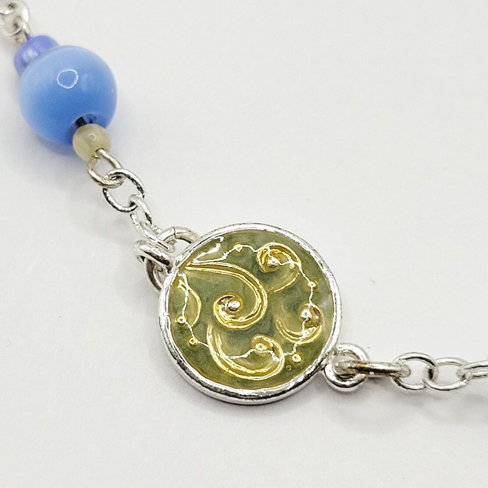 Blue & White Moonstone with Glass & Enamel Silver Tone Chain Necklace KR 24 Inch