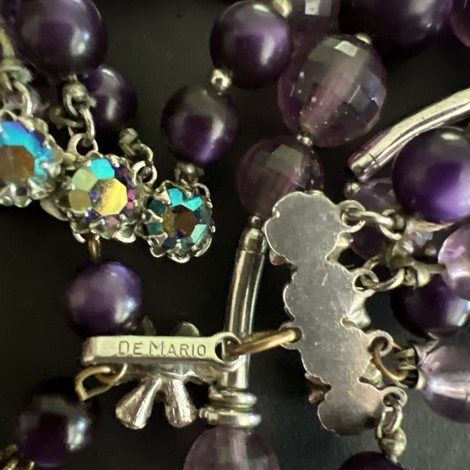 Vintage SIGNED DEMARIO AMETHYST & SILVER BEAD NECKLACE & EARRING SET / 6 STRAND
