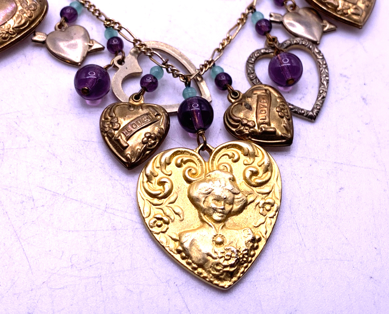 Vintage Lucy Isaacs Charm Necklace puffy hearts Victorian beaded extra long