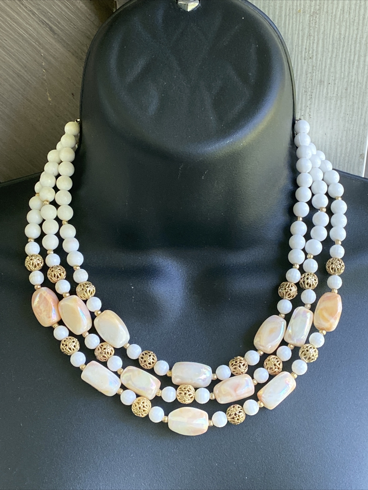 VNTG Signed CORO Triple-Strand OPALESCENT Enamel Beads Filigree Necklace Choker