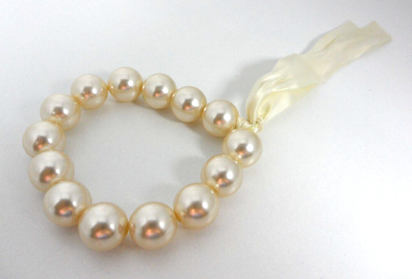 Vtg Beaded Stretch Bracelet Chunky 11 mm Champagne Faux Pearl Granny Cottage 7″