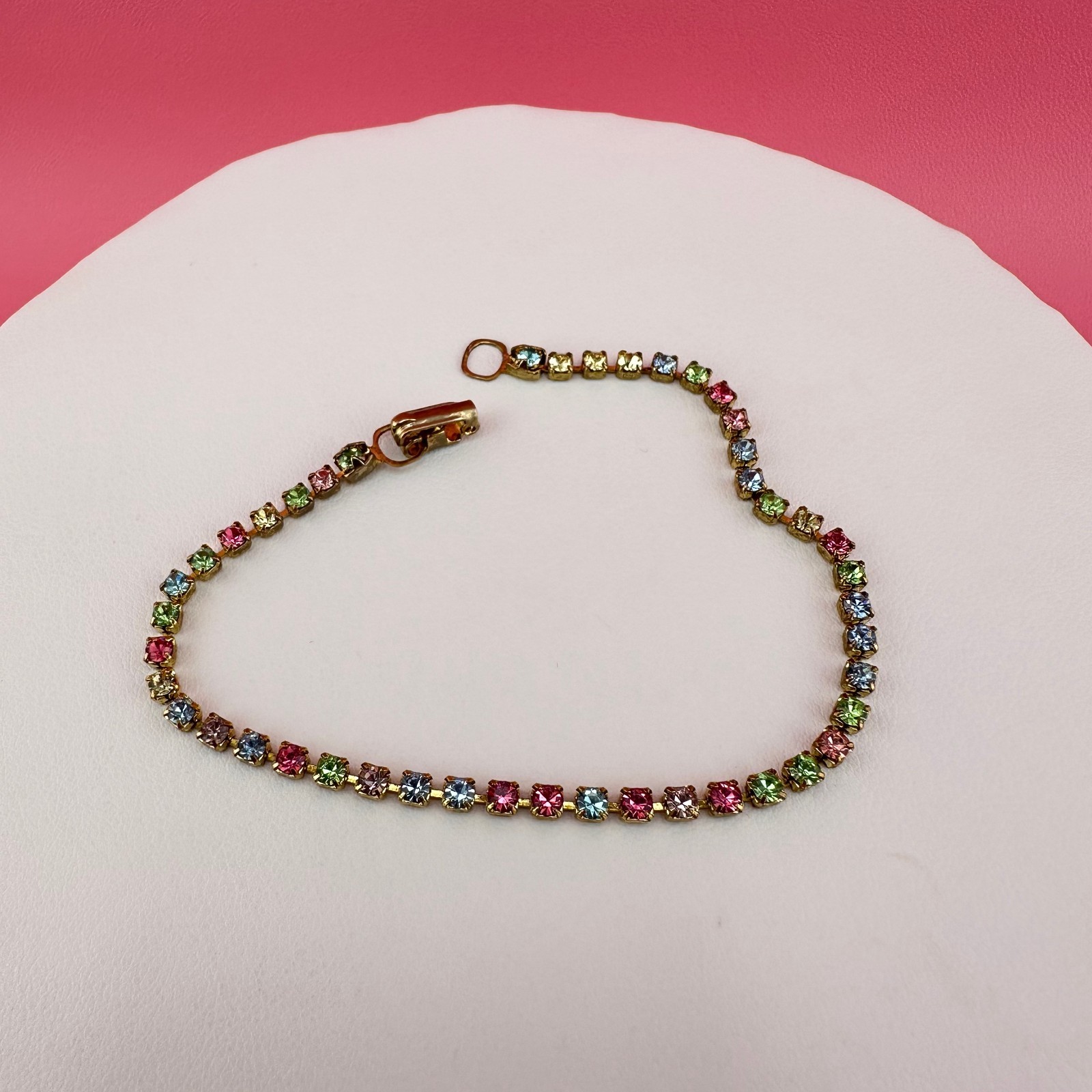 Vintage Rhinestone Bracelet Pastel Multi Color Gold Tone Tennis Cup Chain 6.75″