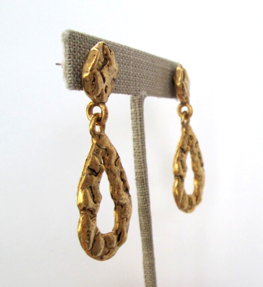 Textured Brutalist Dangle Drop Hoop Earrings Gold Tone Stud 2″