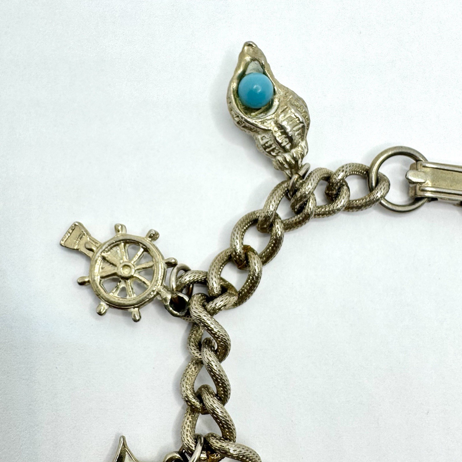 Vtg Charm Bracelet Starfish Ship Conch Shell Faux Turquoise Charms Curb Chain 7″