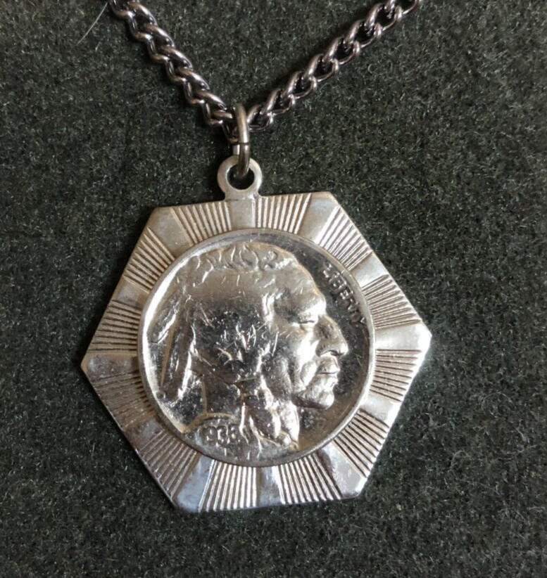 Vintage Silver Tone 1938 Indian Head Buffalo Nickel Pendant **