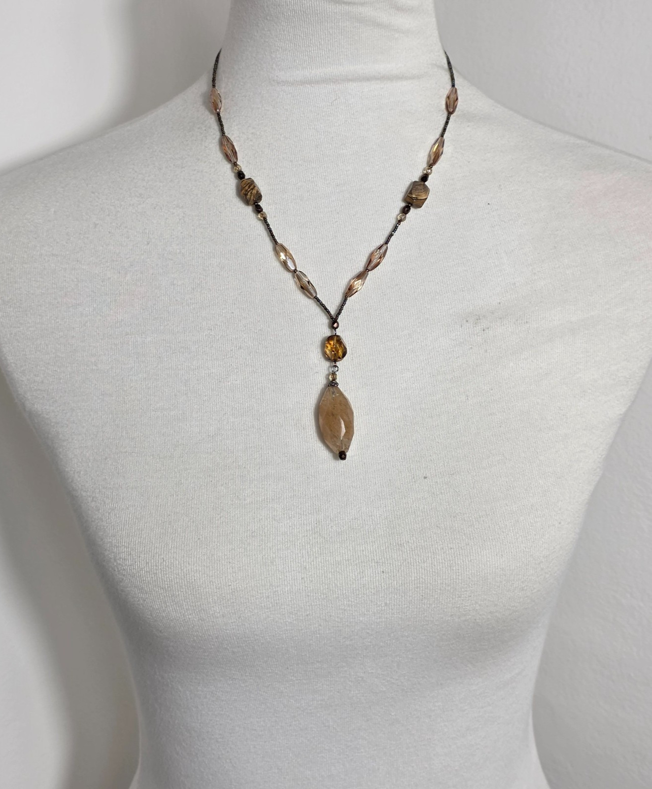 Beaded Lariat Necklace Large Irregularly Shaped Stone Earth-Tone Mix of Beads