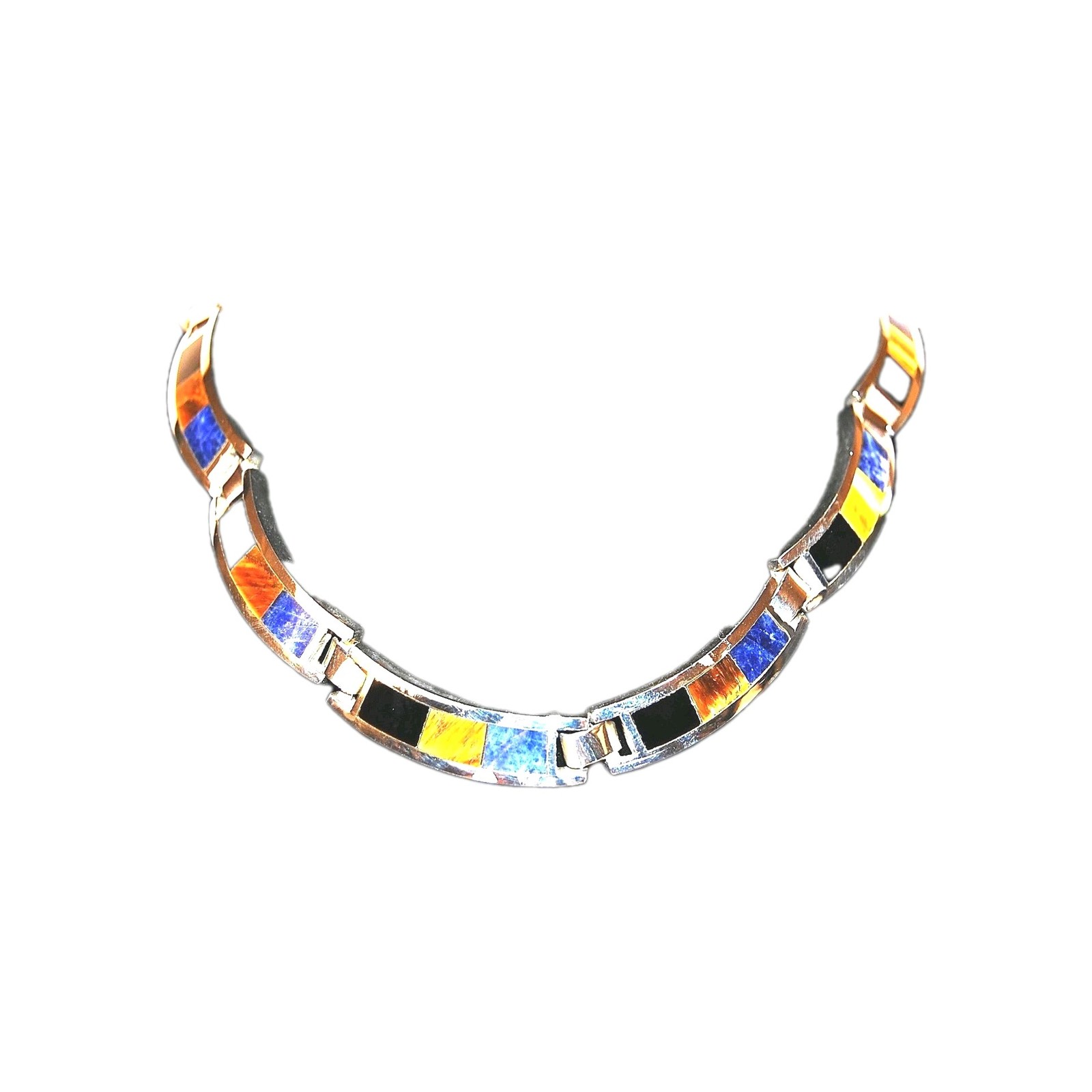 TAXCO Vintage 925 Sterling Silver 16.5″ Multi-Stone Inlay Necklace 114.85g TW