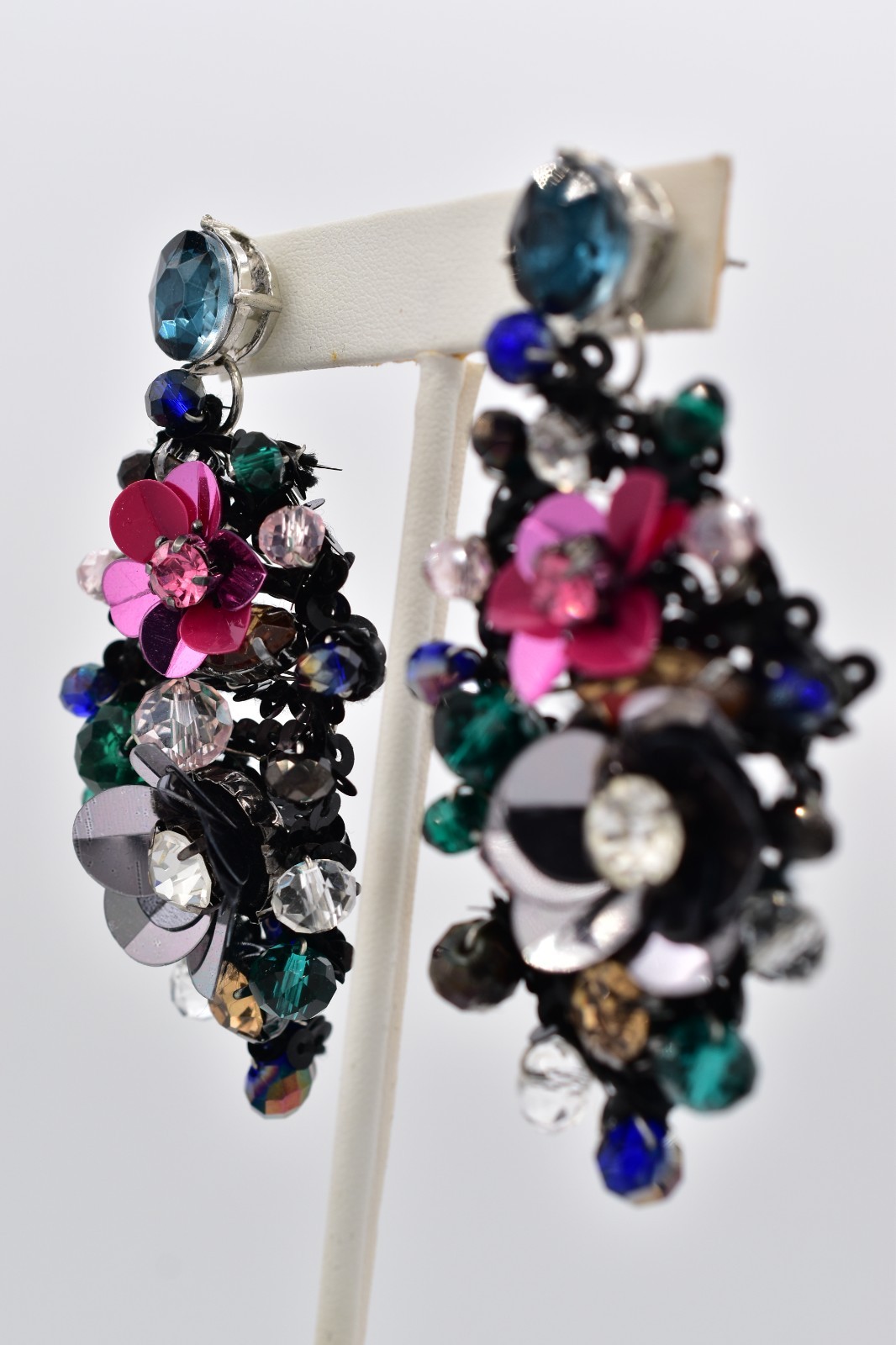 Vintage Sequin Flower Drop Dangle Earrings Rhinestone Chunky Statement Y2K BinAY