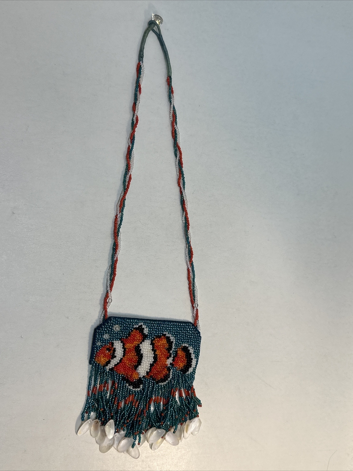Vintage Handmade Orange Fish Sead Bead Southwestern Necklace With Fringe-Shells