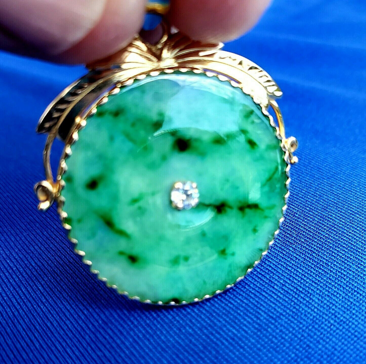 EARTH MINED Green Jadeite JADE DIAMOND Vintage Deco Pendant 14K GOLD Medallion