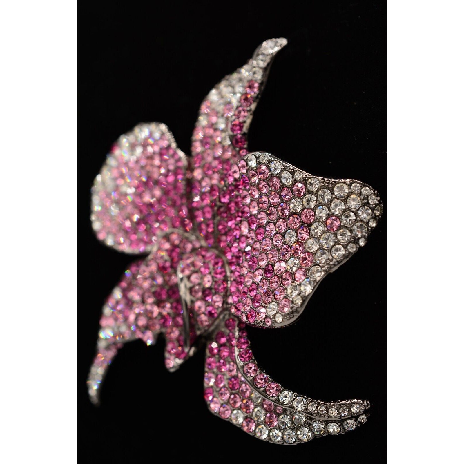 PJM Crystal Flower Brooch Pin 4″ Rhinestone Pink Gunmetal Vintage Signed BinV