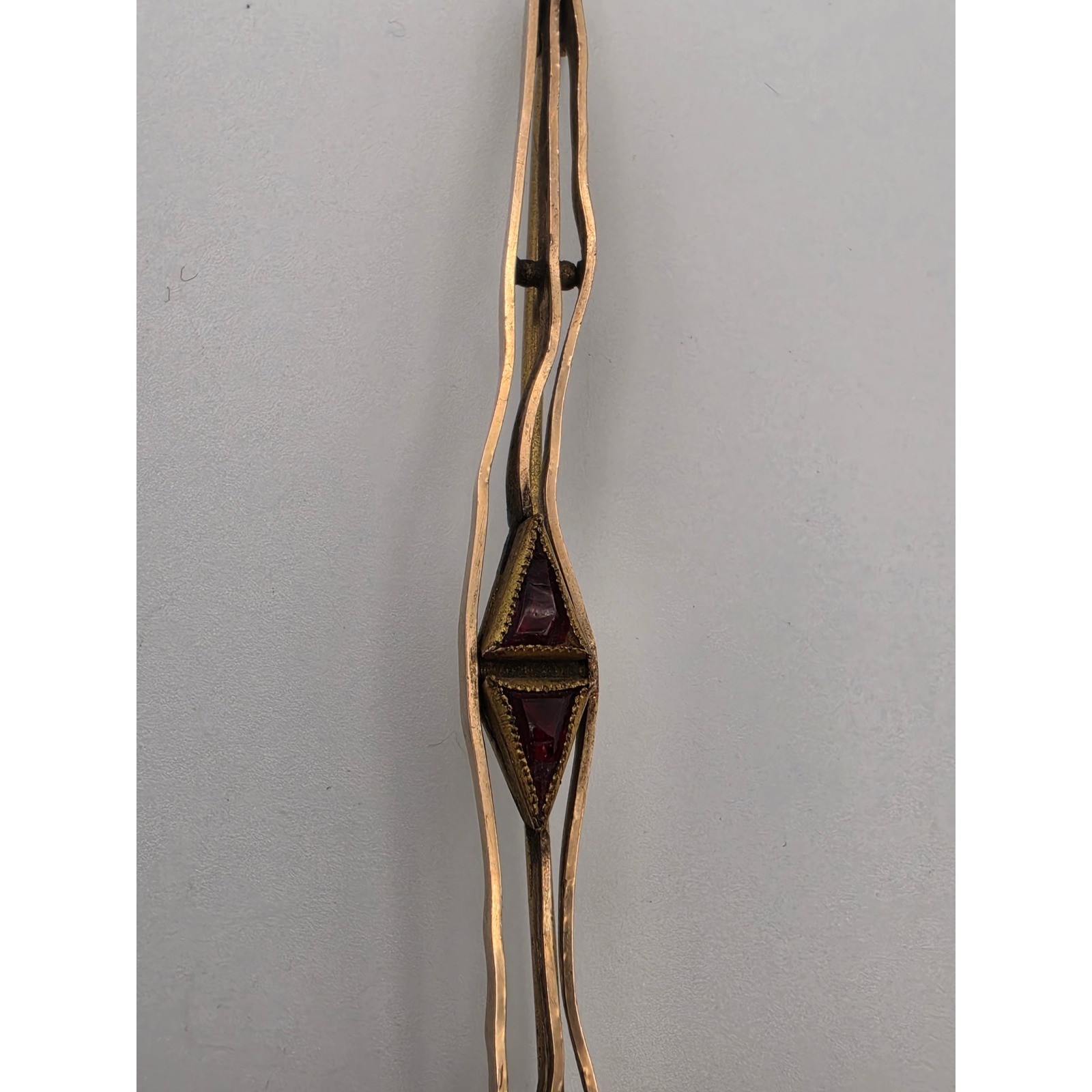 Antique Gold Tone Red Glass Triangle Geometric Bar Pin Brooch 3.25 Inch