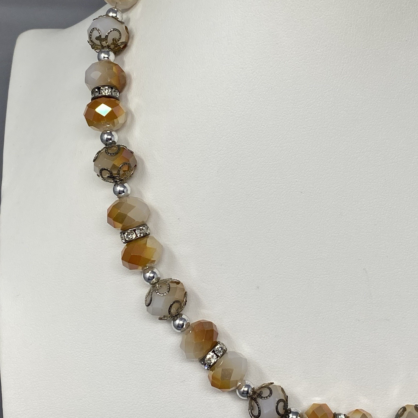 Glass Beaded Necklace White Orange Faceted Fire Polished Metal Caps Collar 21″
