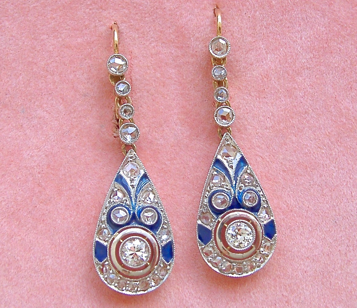 ART DECO 1.04 ctw EURO & ROSE DIAMOND BLUE ENAMEL 18K PLATINUM EARRINGS 1920