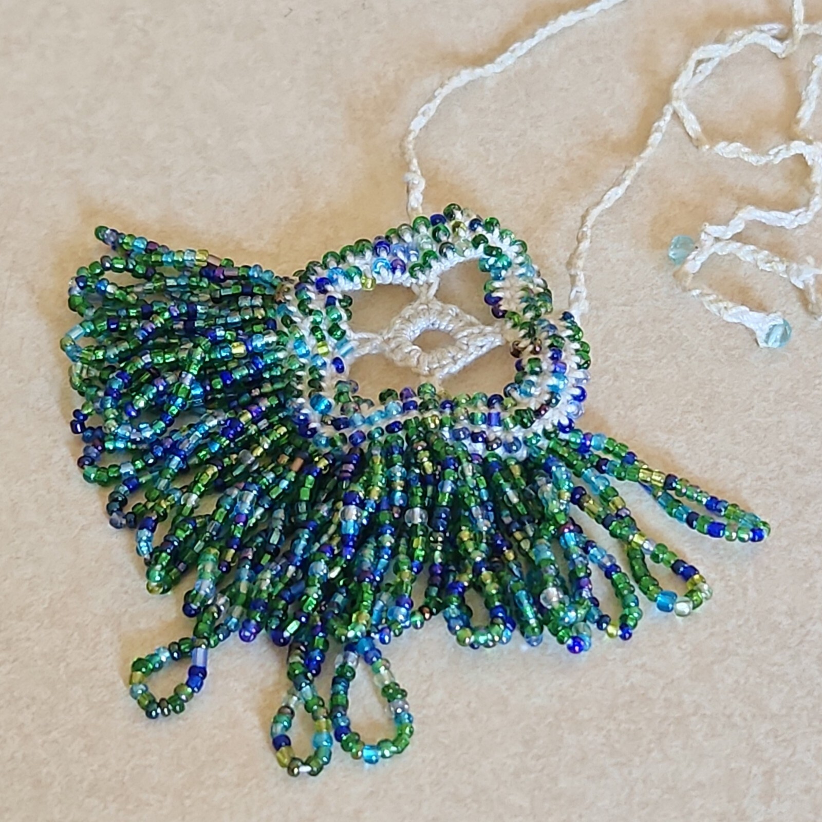 18.5″ Artisan Made Cord Glass Seed Bead Blue Green Necklace Fringe No Metal