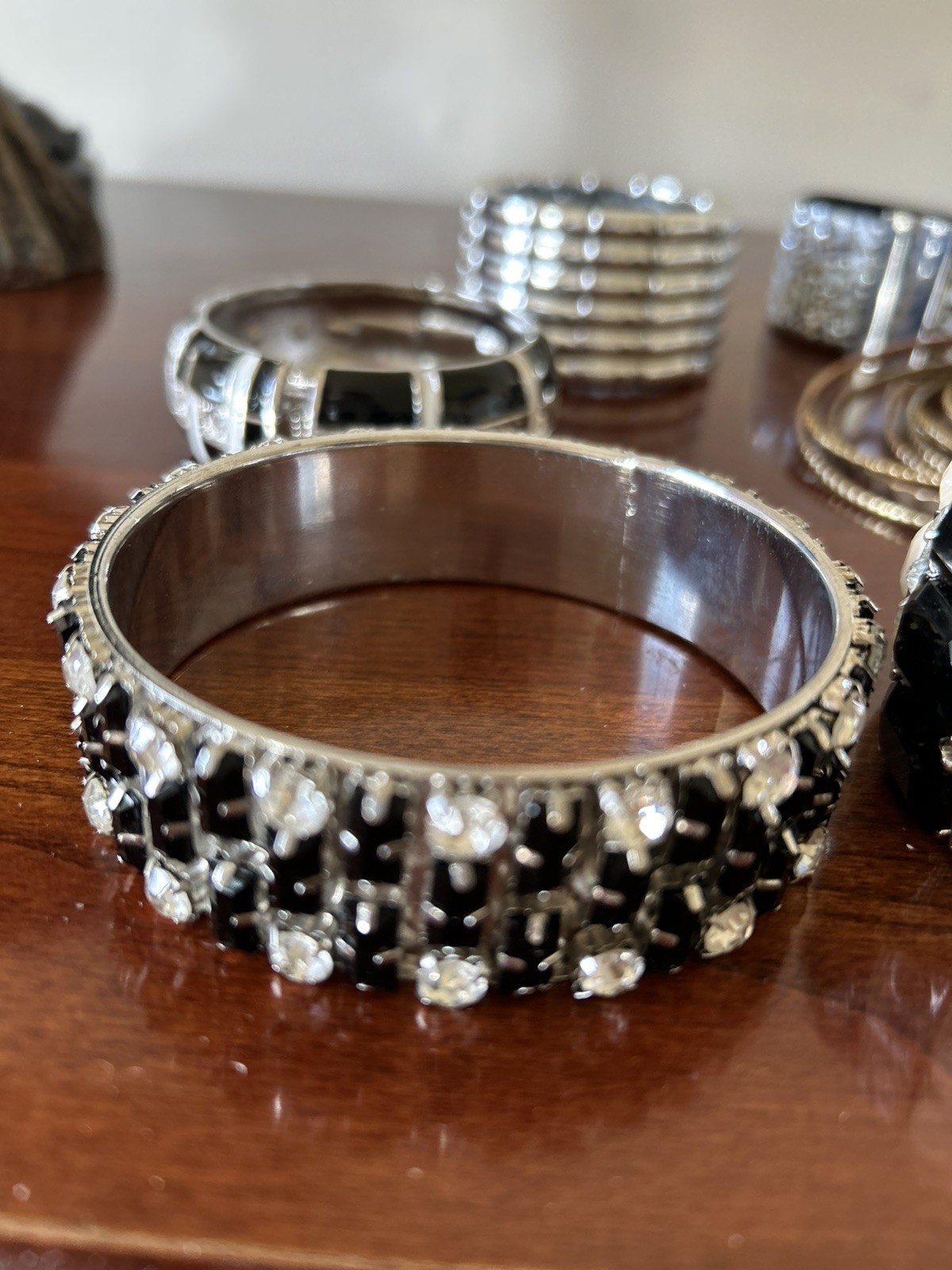 Vintage Metal Black And White Inlayed Enamel Bangles LOT OF 6 BANGLES