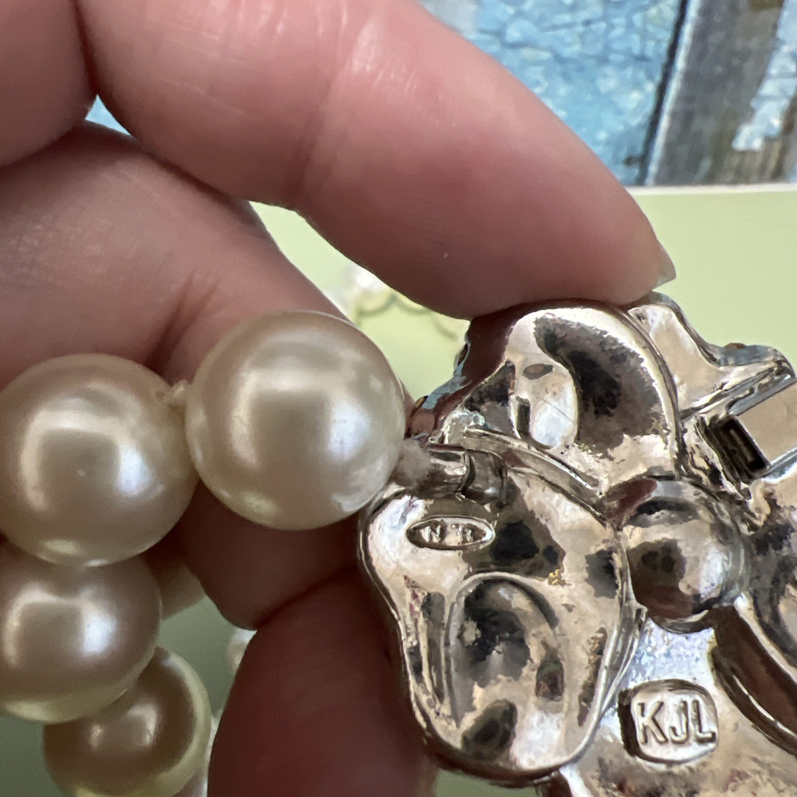 Vintage Signed KJL Large Pearl Necklace Choker With Rhinestone Flower Rose Clasp