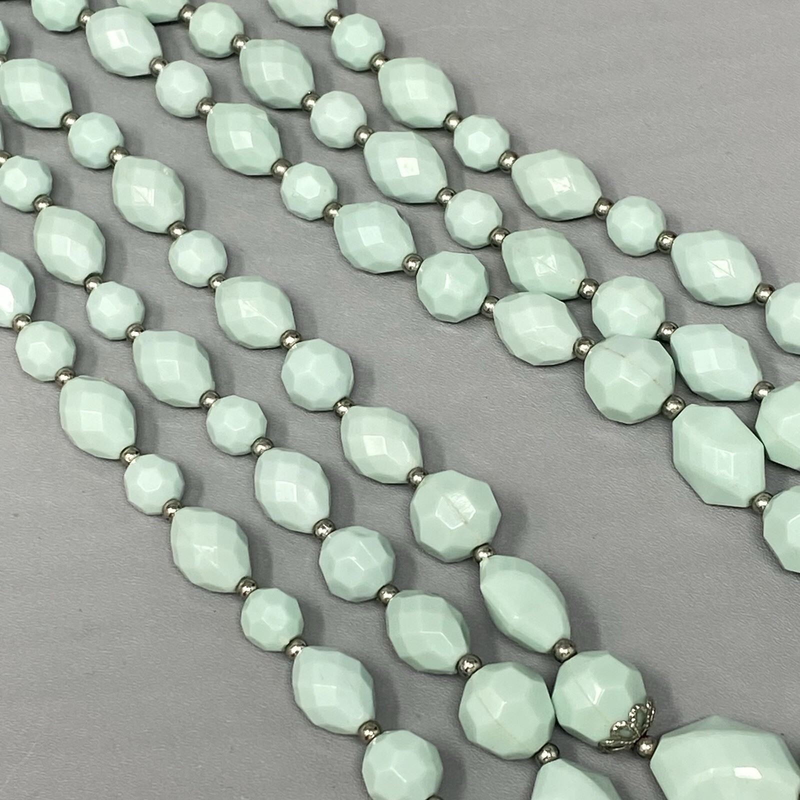 Vintage Bead Necklace Light Blue Acrylic Facet Layered Bib Chunky Collar 19″