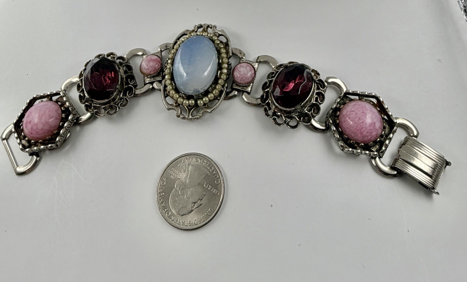 Vintage MCM Upcycled Pink Marbled & Red Rhinestone Clear Opalite Design Bracelet