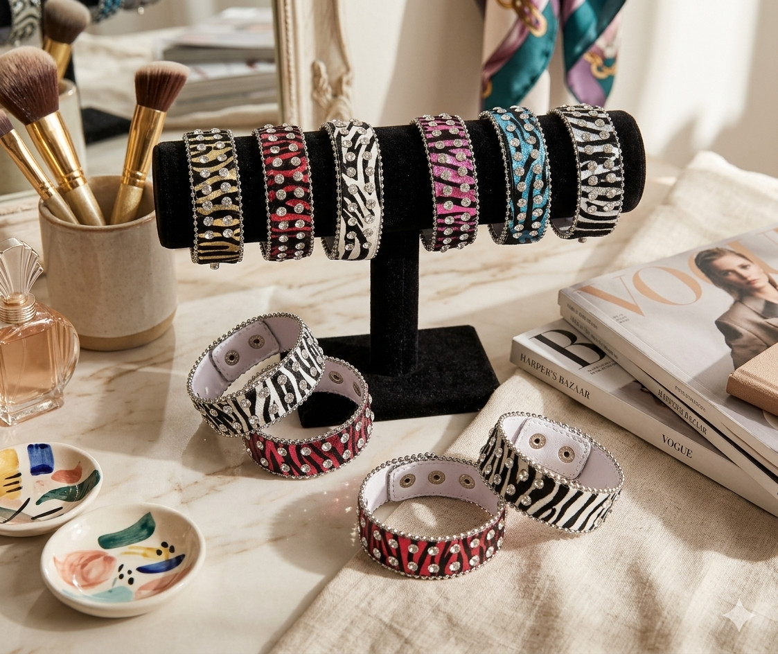 Zebra Print Rhinestone Wrap Bracelets Snap Leather Crystal Cuff Bracelet 12 pcs