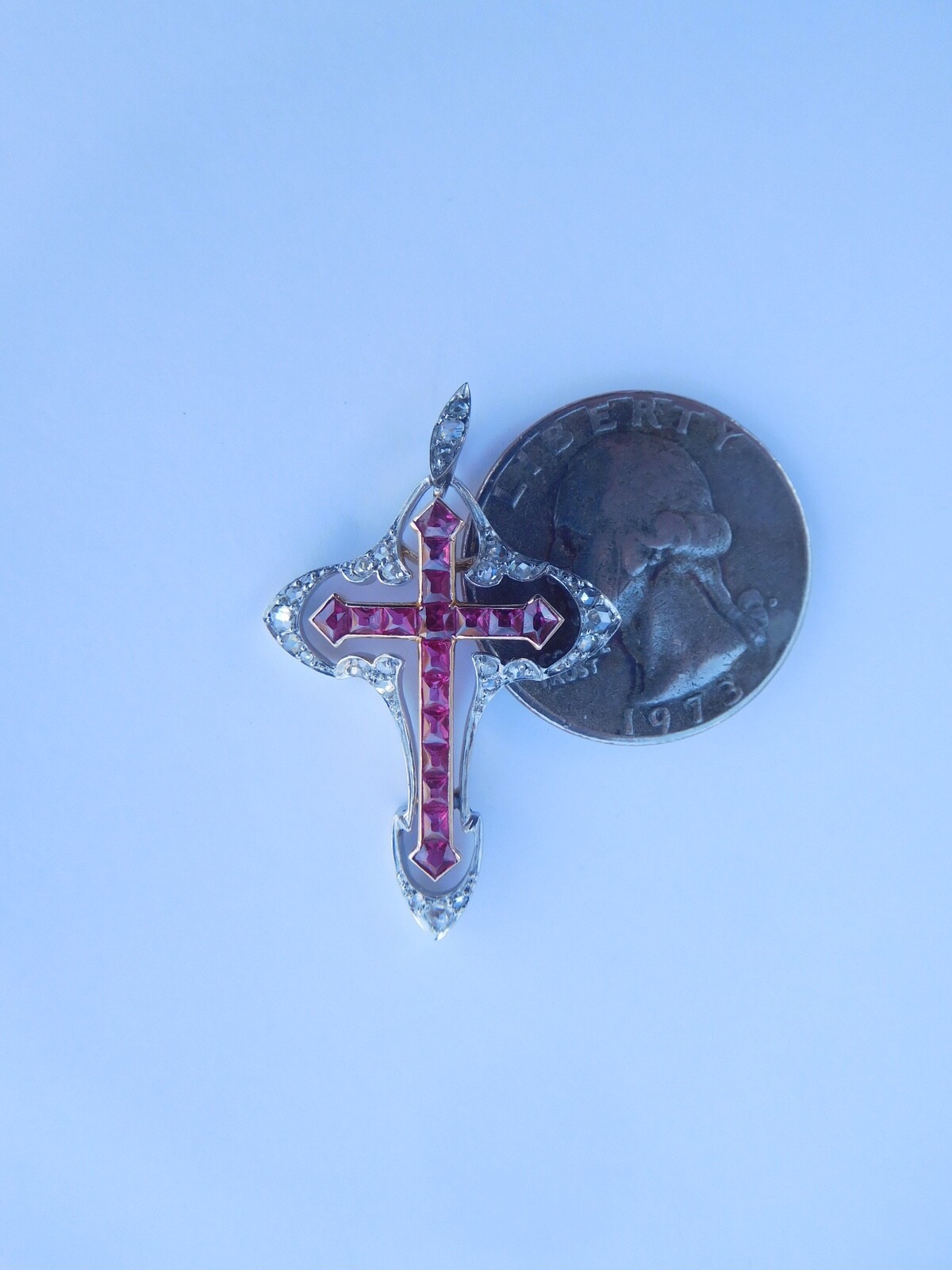 Belle Époque Art Nouveau 18K Rose Gold Platinum Diamonds Rubies Cross Pendant 🥀