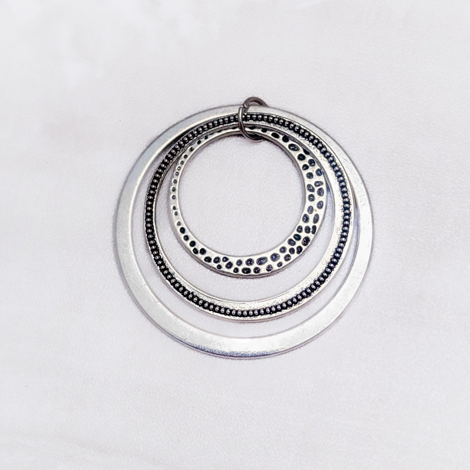 Vintage Pendant Large Silver Tone Circle with Black Details – No Chain Included