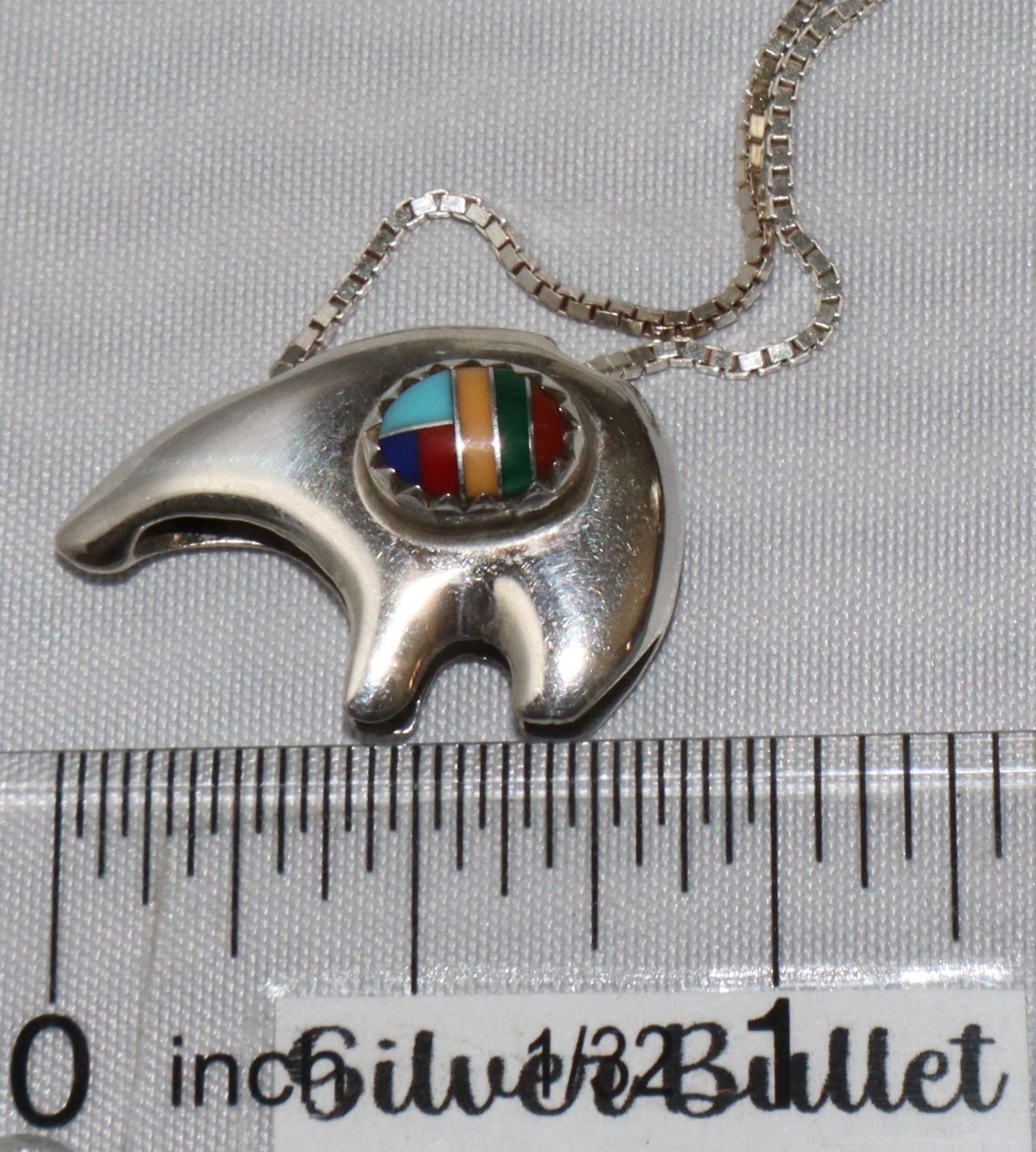 Vintage Sterling Silver Inlay Stone Fetish Bear Pendant Necklace 18″ Chain 6.4gm