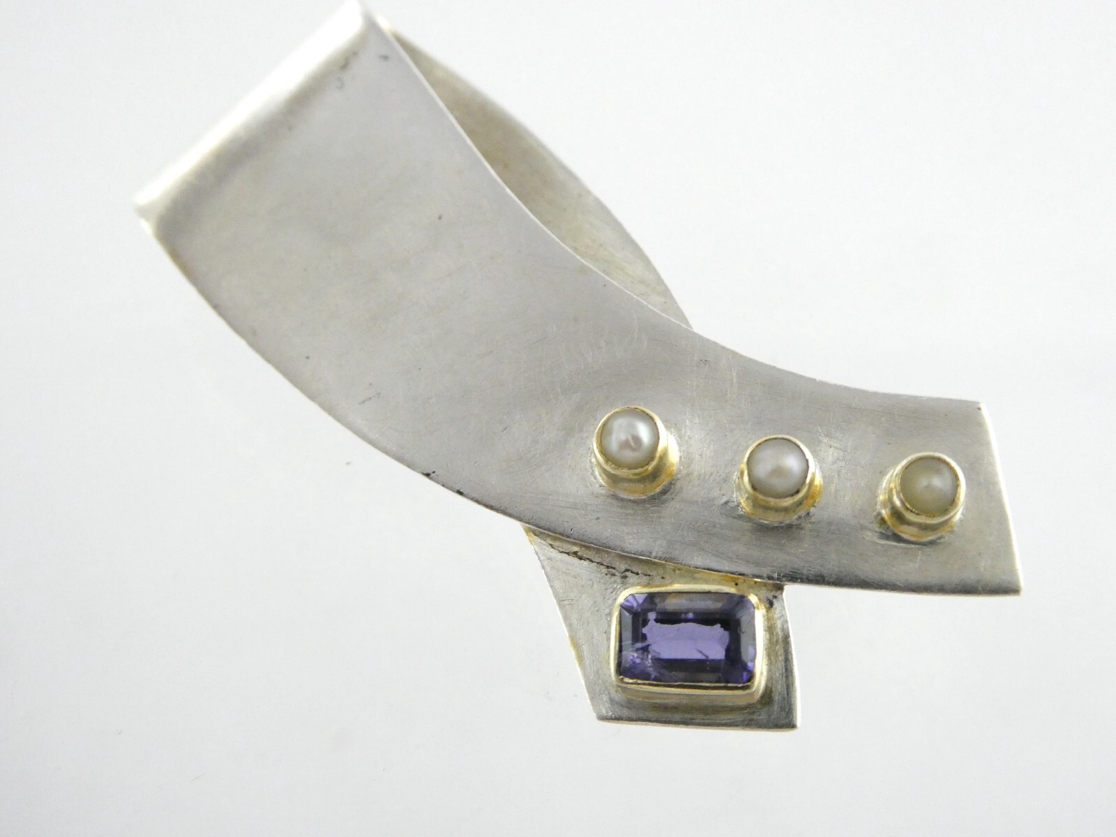 Artisan Designer Sterling Silver Seed Pearl Iolite Pin Pendant Brooch 8.9g 925